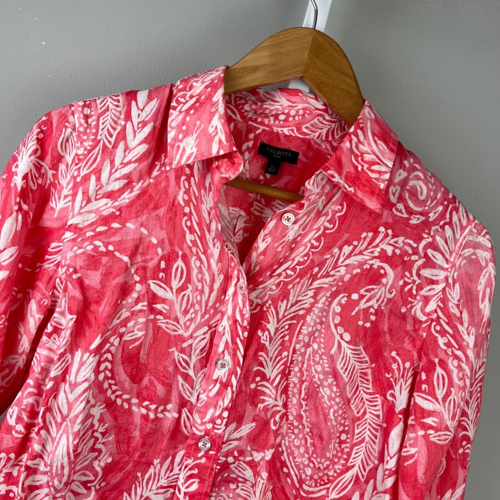 Talbots Petite Linen Shirt Top Womens SP Pink‎ Coral Floral Paisley Coastal